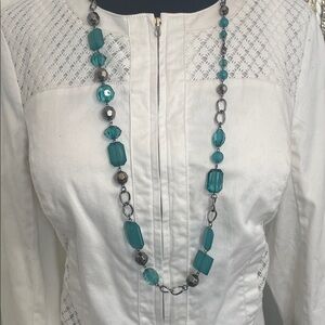 Teal Beaded Necklace 19” at the drop acrylic and gunmetal beads and chain